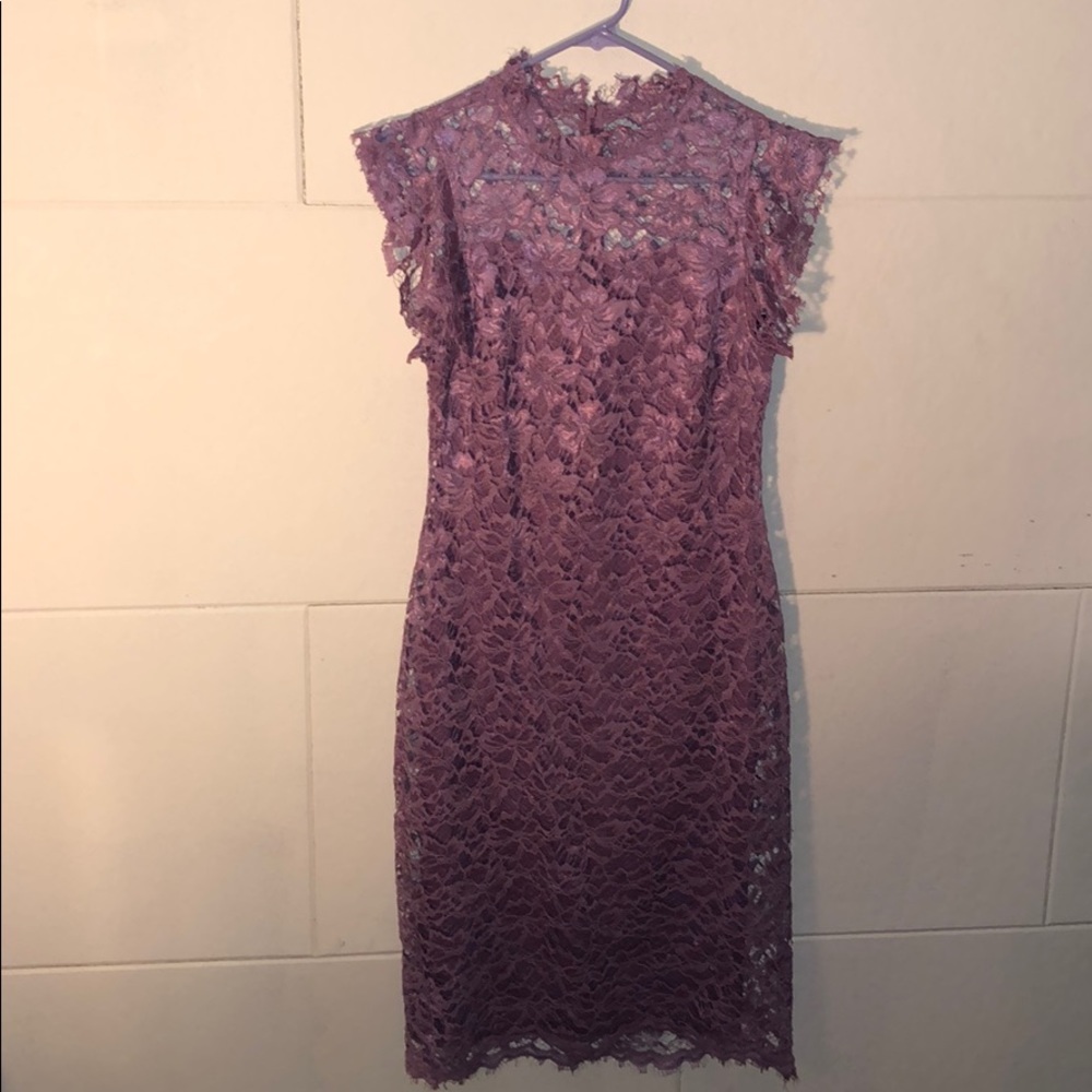 Lacey mock neck cocktail dress in lilac